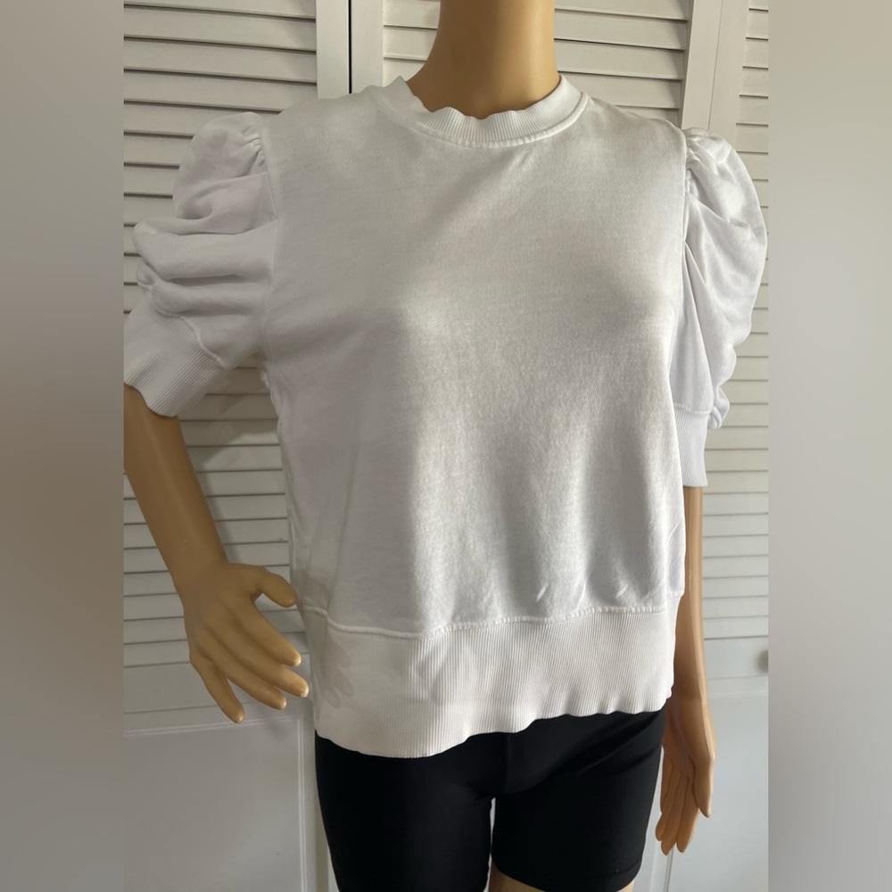 Women's White Puff-Sleeve Sweatshirt with Ribbed Hem